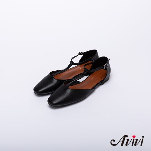 【Avivi】T 字方頭低跟瑪莉珍鞋-黑色/米色