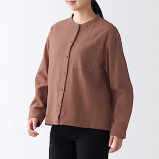 MUJI無印良品[全新、磚紅L] 女👩有機棉法蘭絨立領襯衫