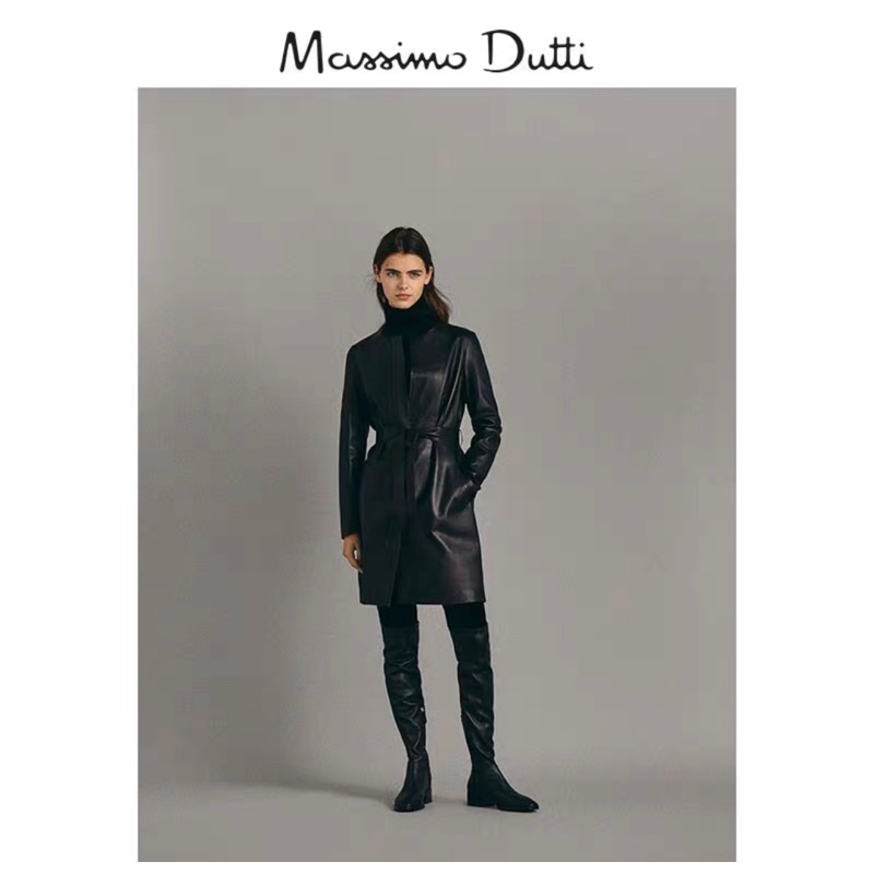 Massimo Dutti女裝黑色納帕真皮皮衣女士中長款外套xs m