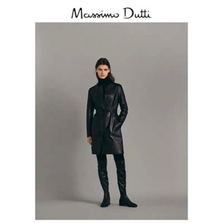 Massimo Dutti女裝黑色納帕真皮皮衣女士中長款外套xs