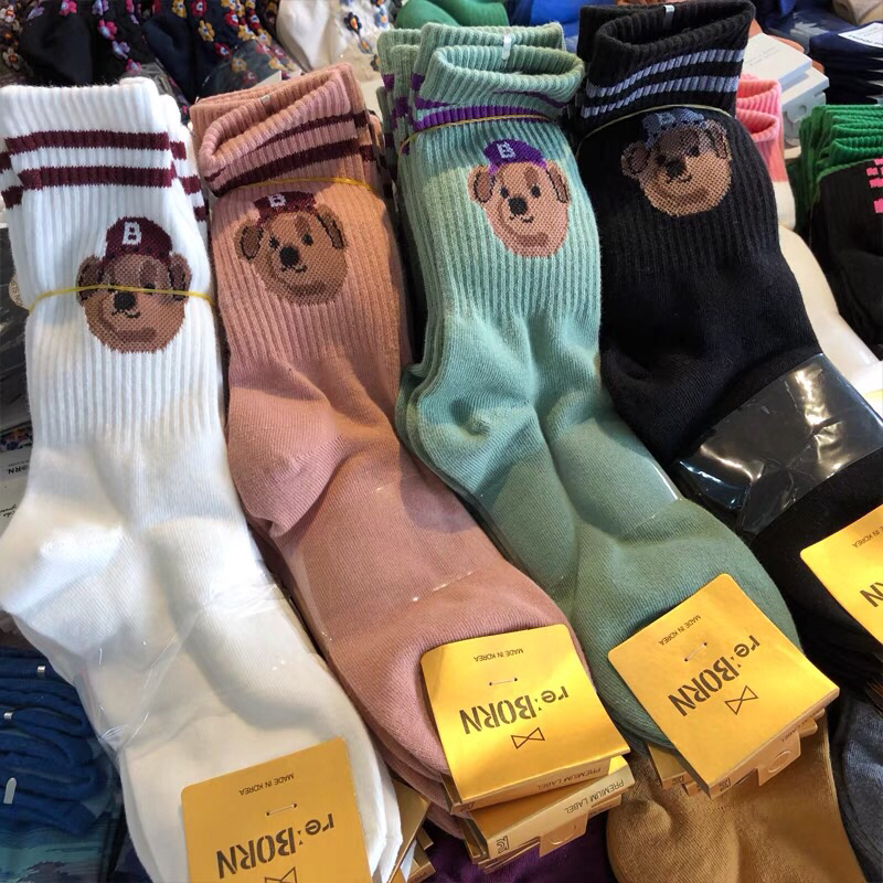 （現貨）韓國🇰🇷東大門代購re:BORN小熊雙槓螺紋口中高筒襪女襪