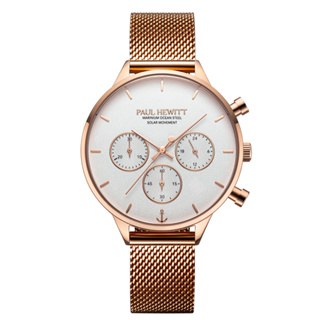 PAUL HEWITT德國船錨造型品牌手錶 | 玫瑰金殼白面三眼光動能海洋鋼腕錶