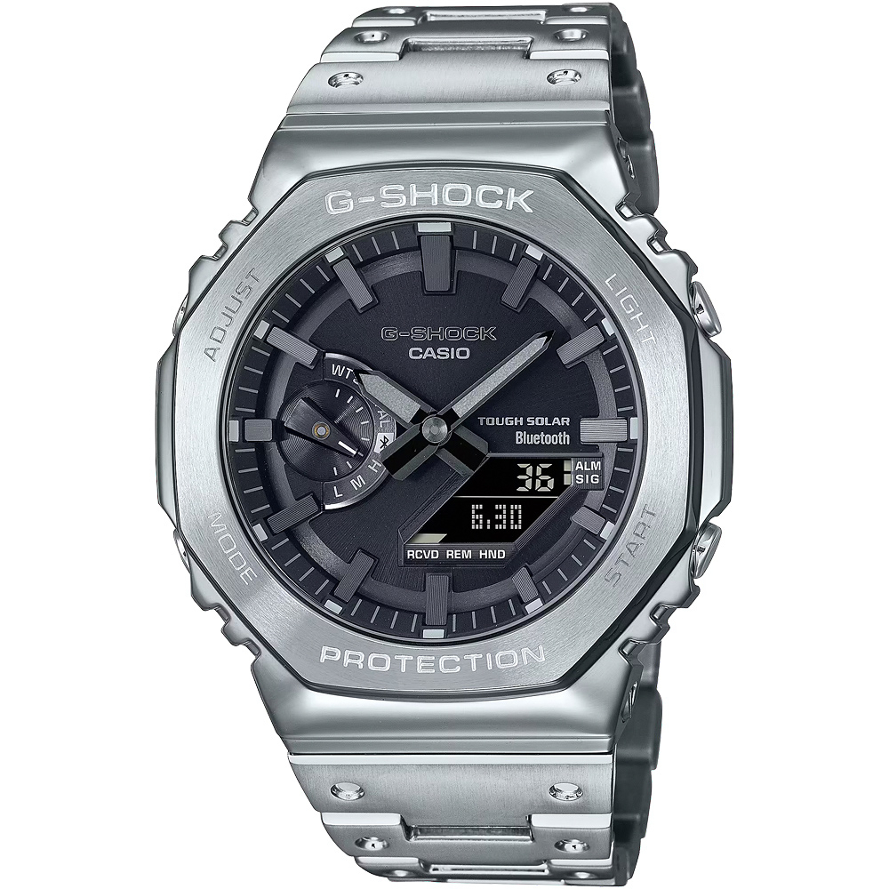 ∣聊聊可議∣CASIO 卡西歐 G-SHOCK 八角 全金屬版 太陽能藍芽雙顯手錶-銀 GM-B2100D-1A