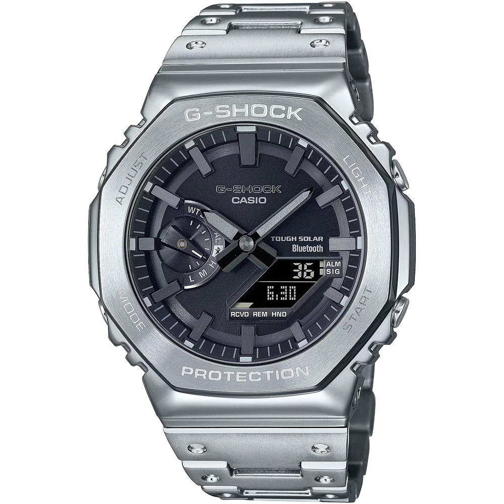 ∣聊聊可議∣CASIO 卡西歐 G-SHOCK 八角農家橡樹 全金屬版 太陽能藍芽雙顯手錶-銀 GM-B2100D-1A