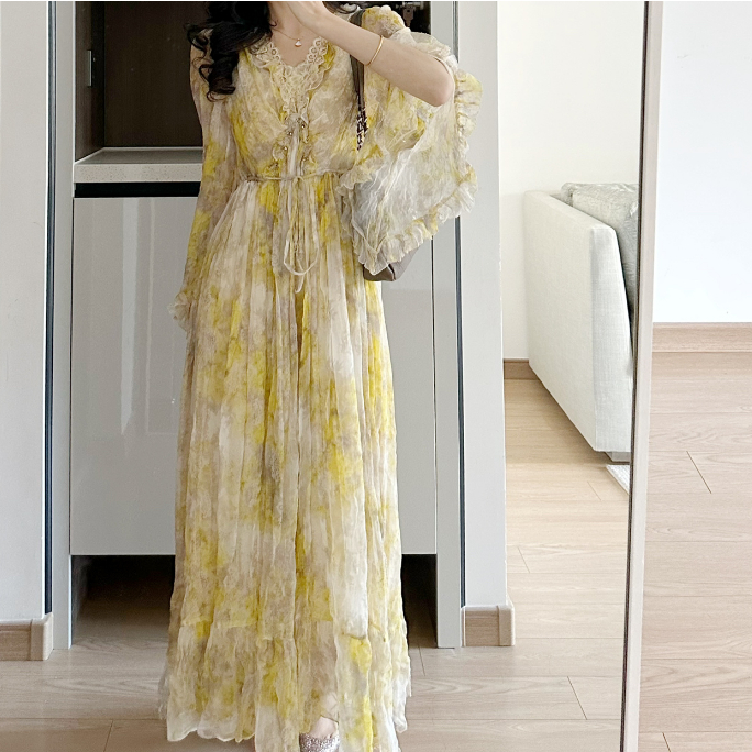衣時尚 連身裙 洋裝 長裙 S-XL新款高級感女神範海邊度假黃色碎花連衣裙NE222   19117.  ED2