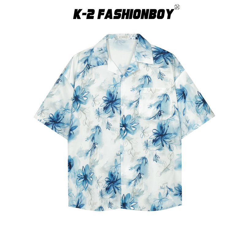 【K-2】藍色小花朵 小清新 奶狗穿搭 短袖襯衫 口袋 寬鬆落肩 男女不拘 立領 排扣 K2【AFT381】