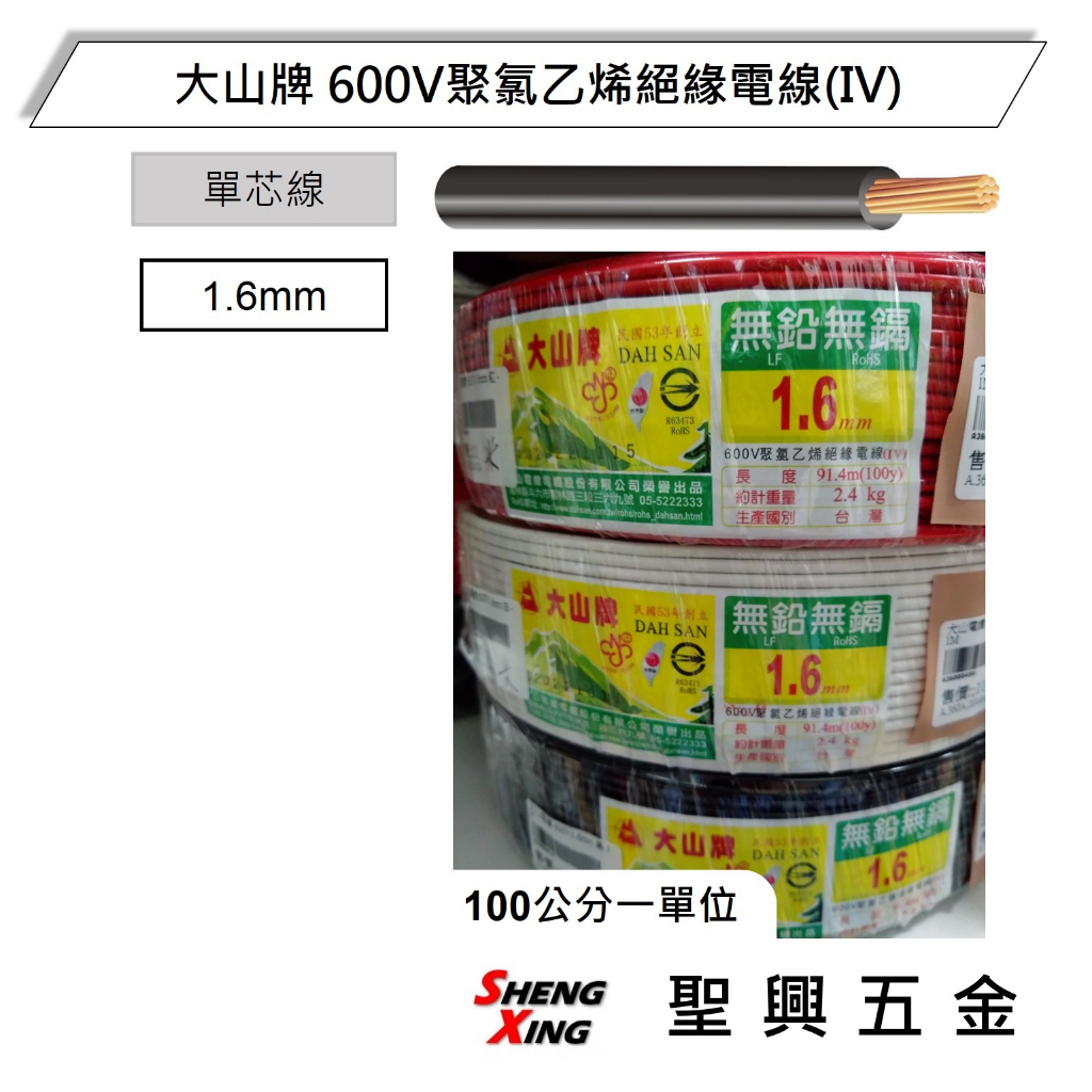 [聖興五金] 大山牌 600V聚氯乙烯絕緣電線(IV) 單芯線 1.6mm 單位1米 含稅價