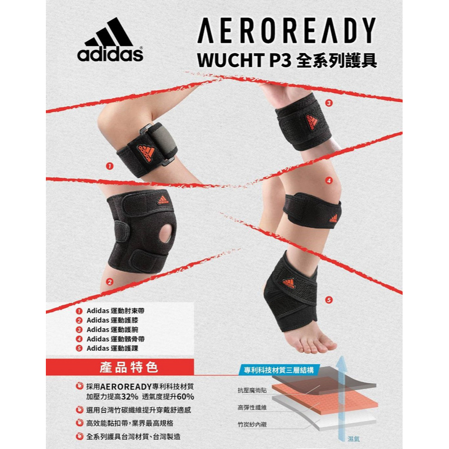 (羽球世家) adidas 護具 愛迪達 WUCHT P3 護腕 護腰 髕骨帶 護肘 護膝 護踝 護膝條 台灣製公司貨