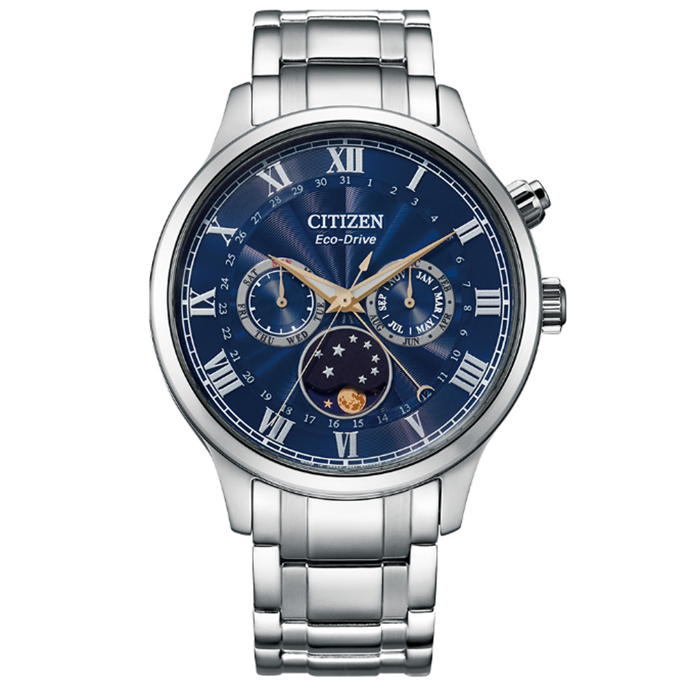 【CITIZEN 星辰】GENTS 光動能月相盈虧月份日星期顯示不鏽鋼腕錶-藍42mm(AP1050-81L 月相錶)