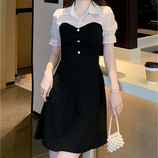 愛依依 短袖洋裝 小黑裙 收腰洋裝 S-XL新款甜美泡泡袖襯衣領拼接假兩件遮肉顯瘦A字連身裙TCF07A-5271.