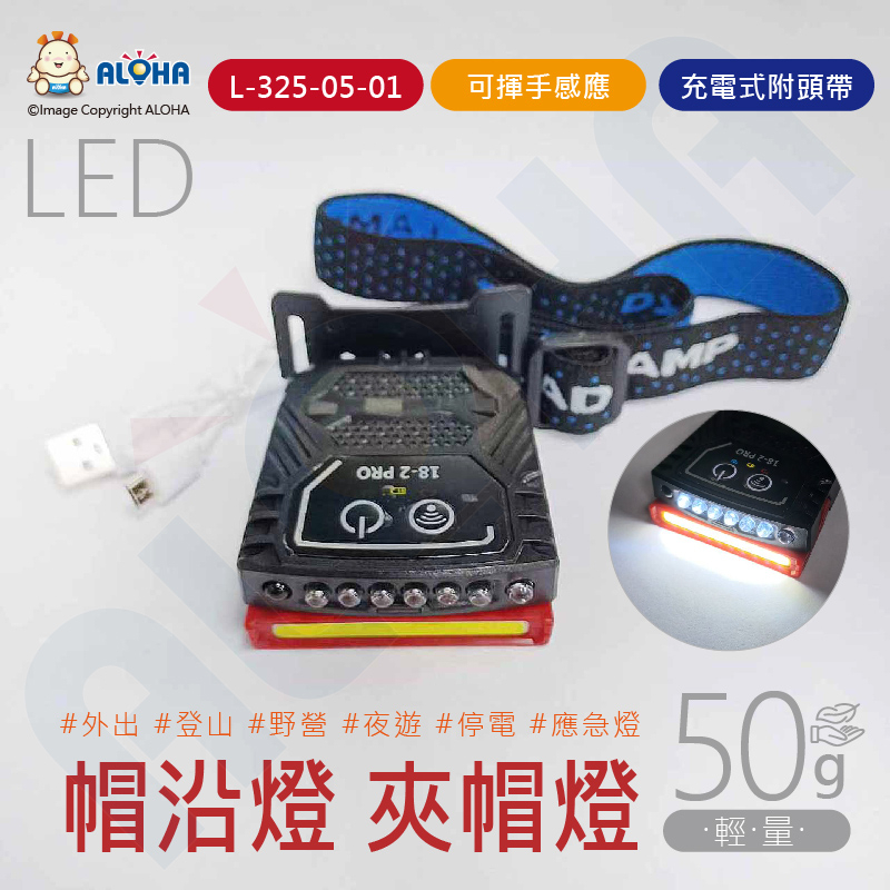 阿囉哈LED總匯_L-325-05-01_6燈白光+10COB-揮手感應式15cm-充電式LED帽沿燈-夾帽燈