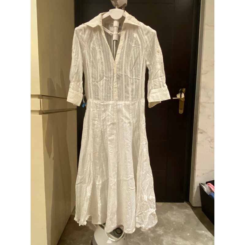 IN復古奧黛麗赫本風格7分袖白色黑點長洋裝（超氣質款）