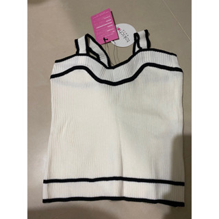 全新Tokyo Fashion東京著衣白色/橘色坑條針織短版上衣（2件合售）