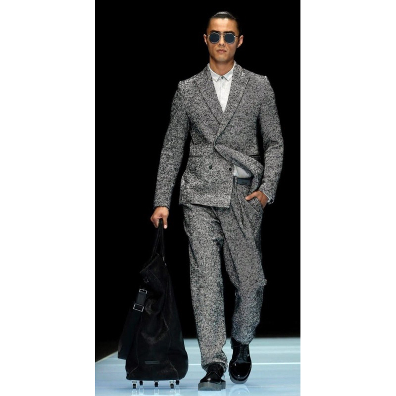 EMPORIO ARMANI TECHNO TAILORING 馬海毛羊駝毛雙排扣棉麻花呢西裝外套48號