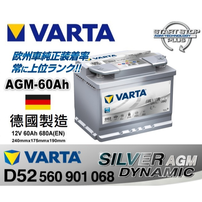VARTA華達 D52 AGM 60AH LN2 汽車電瓶 怠速熄火Stop 德國製造 AGM60 福斯奧迪Rav4油電