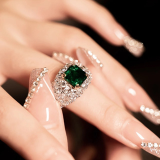 台灣 現貨 新品 3克拉 方鑽 祖母綠 尚比亞 綠水晶 戒指 鍍18K白金 戒指 固定式戒圍1076