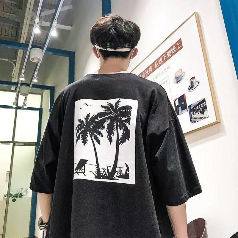港風圓領嘻哈短袖男T恤夏季潮流個性印花五分袖韓版寬鬆學生上衣