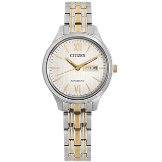 CITIZEN / 條紋錶盤 機械錶 星期日期 不鏽鋼手錶 白x鍍金 / PD7134-51A / 29mm