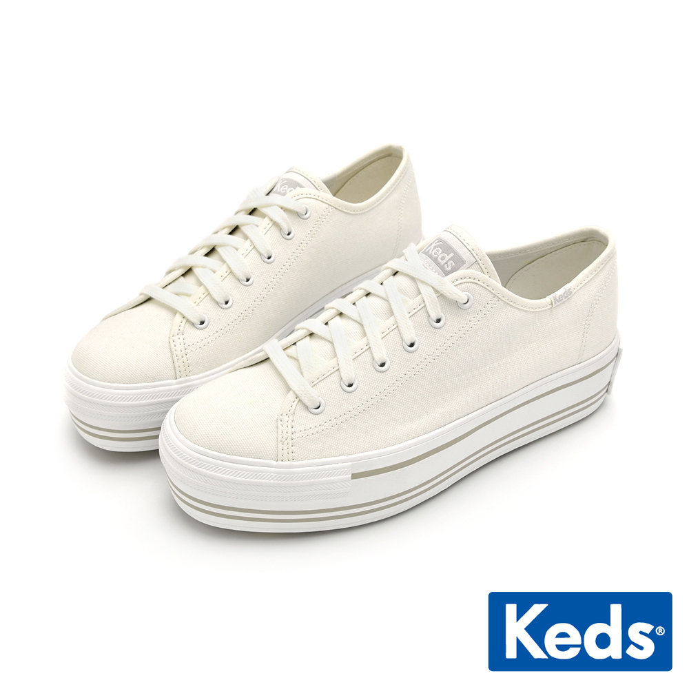 【Keds】TRIPLE UP 小心機厚底帆布綁帶休閒鞋-白 (9231W133505)
