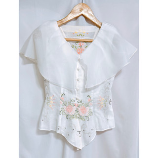 ❚ 復古 刺繡上衣/娃娃領上衣/襯衫 珍珠釦 重工 收腰 顯瘦 vintage 二手上衣 ❚ 現貨 二手選品店
