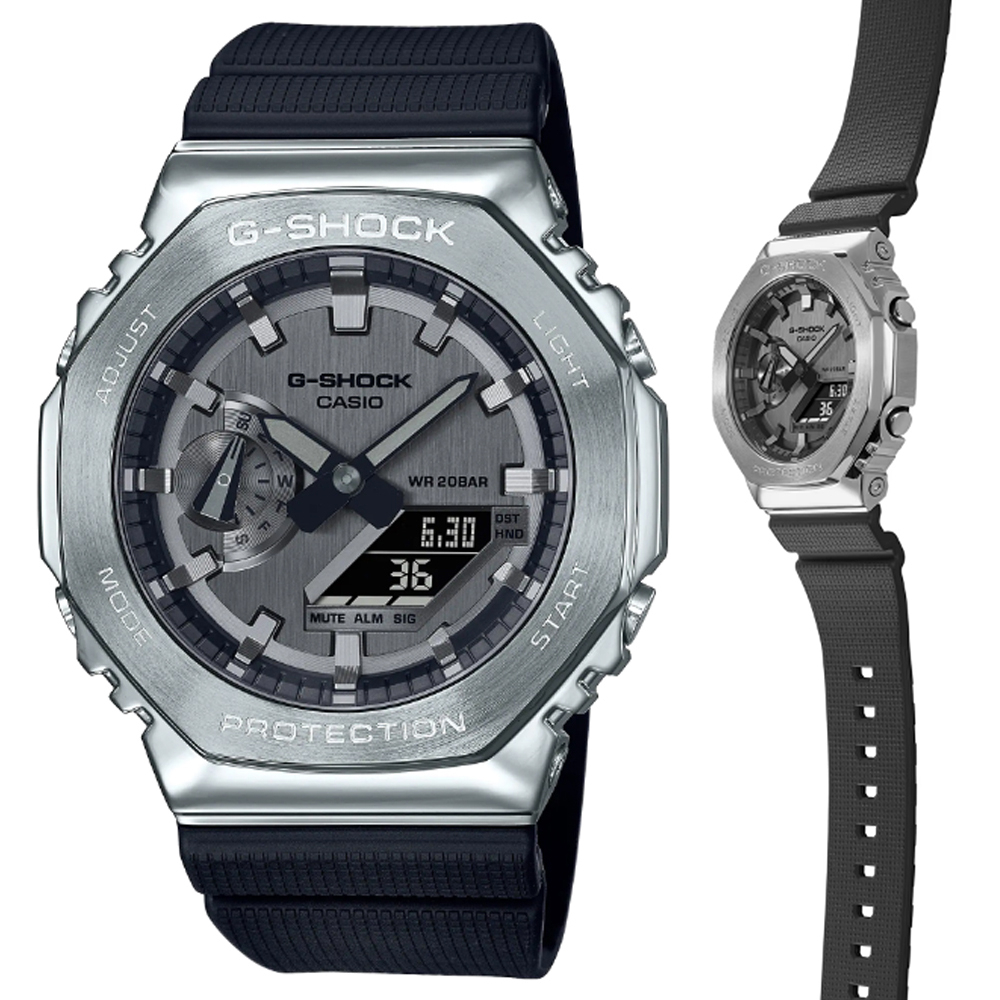【CASIO 卡西歐】G-SHOCK 時尚經典八角型GM-2100-1A 農家橡樹 金屬錶殼雙顯錶-銀