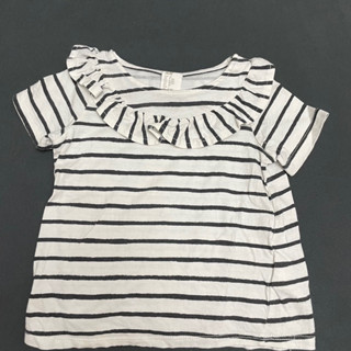 H&M 條紋荷葉領短袖上衣 白色 二手 9-12M