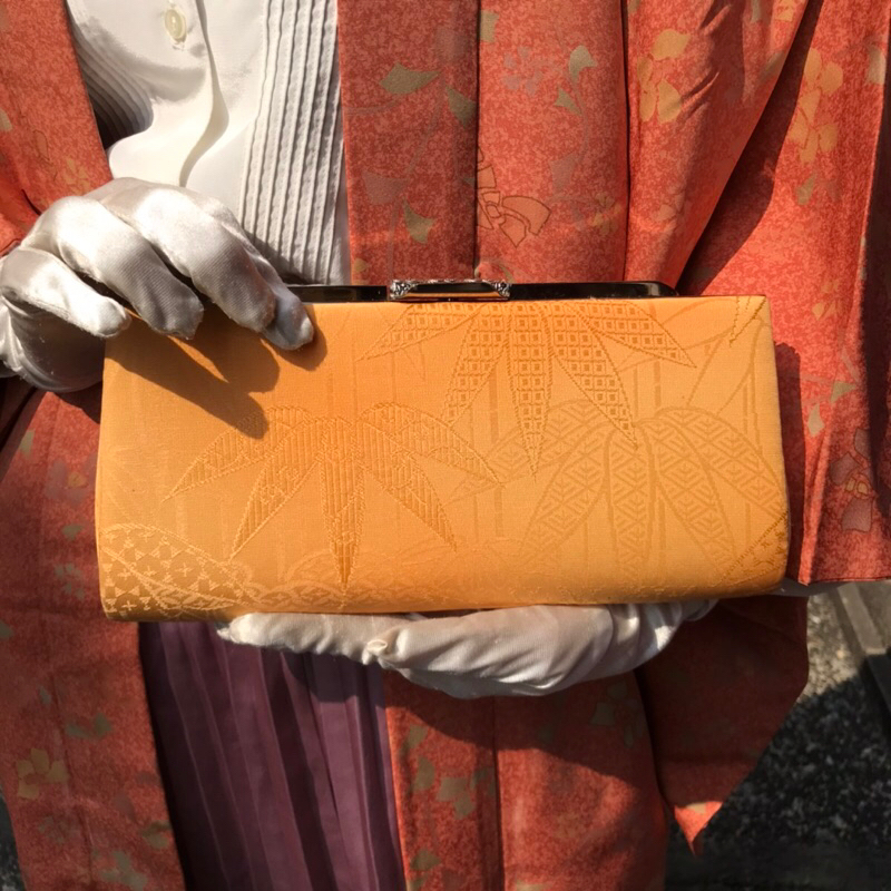 橙黃竹葉日本古董包古物古著復古口金包手拿包