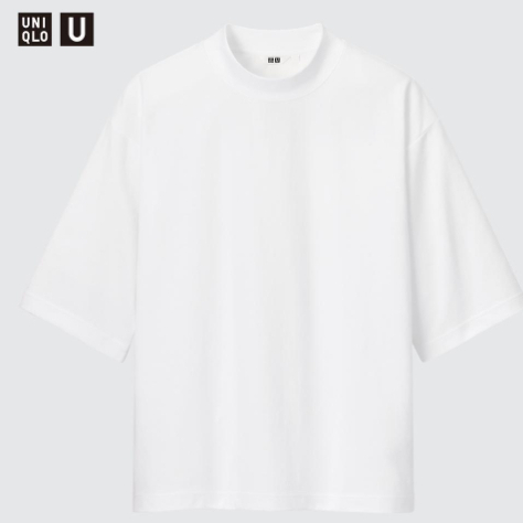 【全新】UNIQLO U AIRism 棉質寬版中高領T恤(白) 五分袖 男女適穿 男裝 女裝