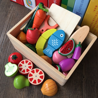 【YJ小舖】《益智玩具館》 ~木製 日本原單 磁性水果蔬菜切切看 櫸木材質附收納箱 切切樂 水果切切樂