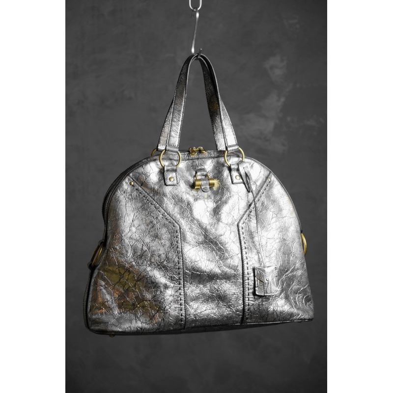 Yves Saint Laurent Muse Leather Shoulder Bag 聖羅蘭 銀色爆裂紋鎖頭保齡球包