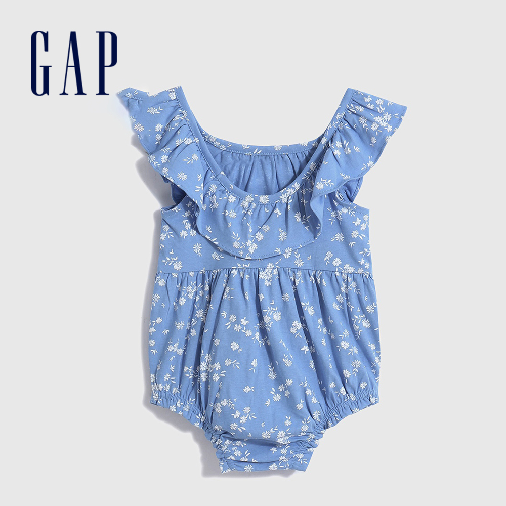 Gap 嬰兒裝 荷葉邊設計印花無袖包屁衣-藍色(600752)