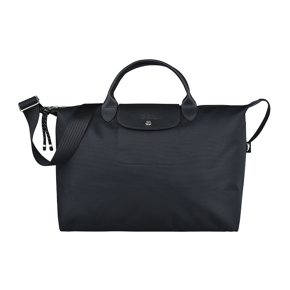 LONGCHAMP LE PLIAGE ENERGY壓印LOGO再生尼龍短把拉鍊手提斜背包(大/黑)