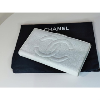 香奈兒 vintage 長夾 荔枝皮 牛皮 白色 大logo 金扣 chanel wallet