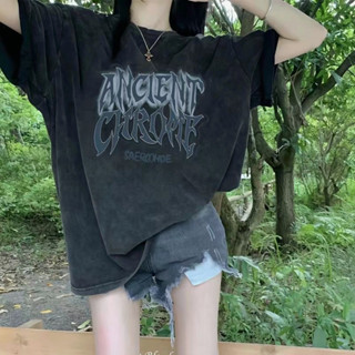 【林木木】100%純棉 純棉 t恤 水洗黑 小眾設計感字母印花 短袖T恤女 ins風 原宿風上衣 復古上衣 運動上衣