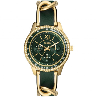 【FOSSIL】晶鑽個性綠面金色鋼環皮腕錶ES5243 38mm 現代鐘錶