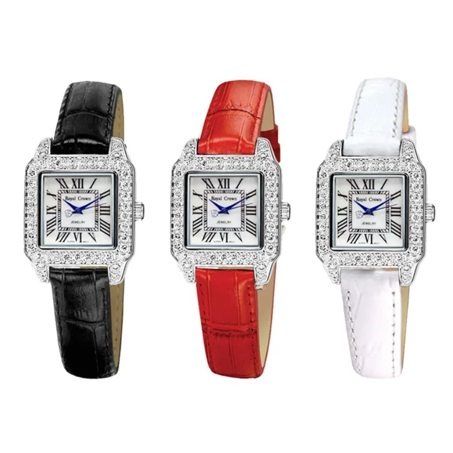 Royal Crown 簡約奢華方型晶鑲鑽皮帶錶 黑、紅、白