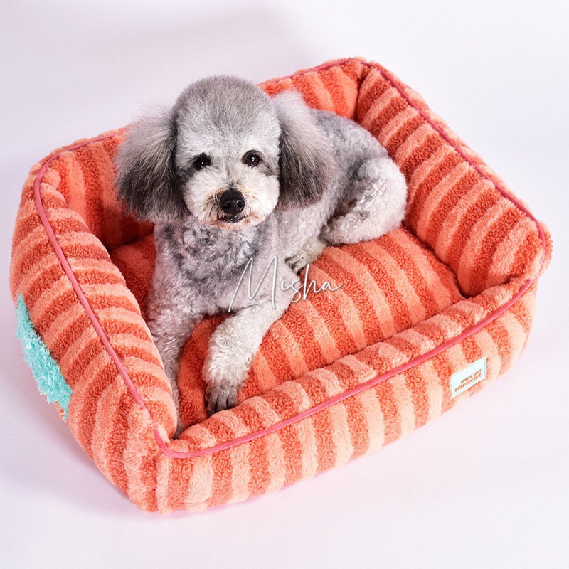 ✿ Misha ✿ 免運🚚新款條紋捲毛絨四角寵物窩 狗窩狗床 全可拆洗四方貓狗睡墊床 獨立內墊 預 F15