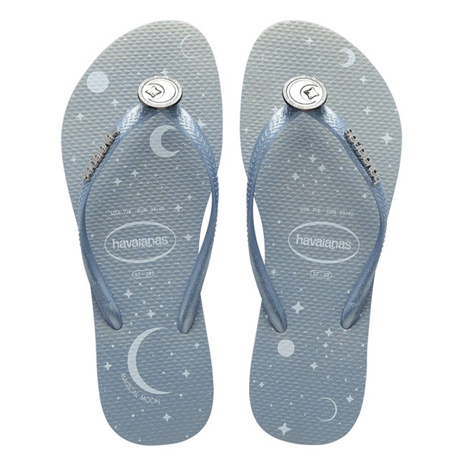 【巴西鞋王】havaianas哈瓦仕巴西拖鞋海灘拖鞋人字拖夾腳拖鞋2023年新款SLIM施華洛世奇水晶 星空水鑽花扣 藍