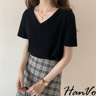 【HanVo】純色簡約螺紋小Ｖ領上衣 寬鬆透氣親膚舒適百搭日常短袖上衣 韓國女裝 女生衣著 A01-1424