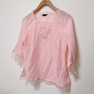 寶寶粉紅色 蕾絲七分袖棉麻上衣輕薄涼爽寬鬆復古古著vintage