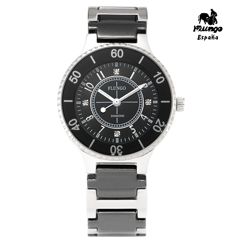 【佛朗明哥 Flungo】F840220 耀眼真鑽精密陶瓷腕錶-黑