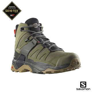 法國 Salomon 男款 X ULTRA 4 Goretex 防水中筒登山鞋 寬楦 藻綠/炭黑/棕, 登山健行