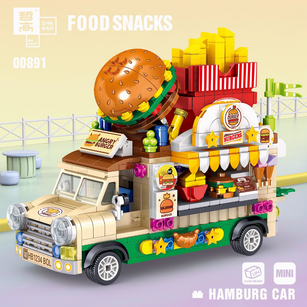 【現貨快發】顆粒拼裝積木 玩具 漢堡冰淇淋蛋糕水果販賣車 甜點推車