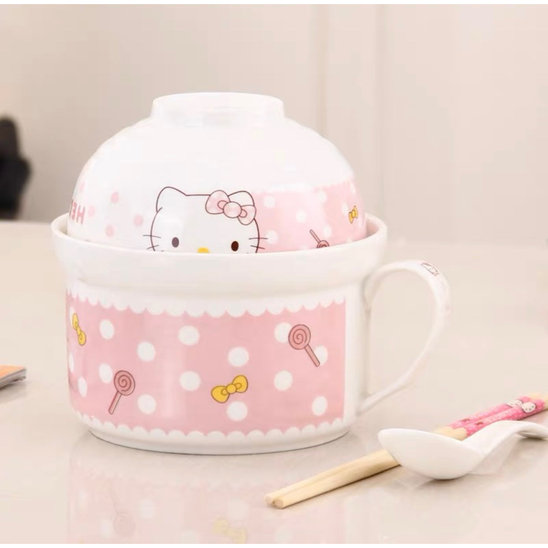 Hello Kitty日式陶瓷泡麵碗 餐具套裝四件組（可微波）