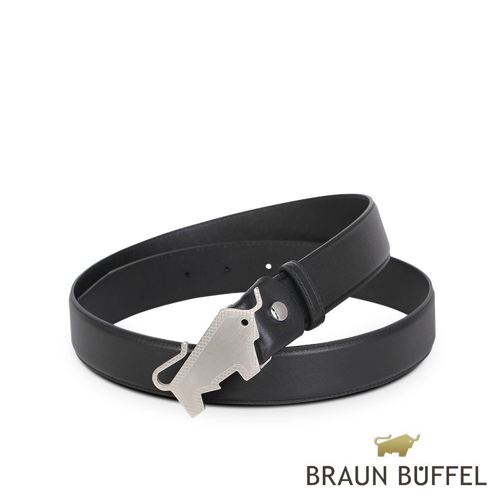 【BRAUN BUFFEL 德國小金牛】台灣總代理 雅痞型男造型LOGO釘扣式皮帶-銀色/BF22B-RO01538-N