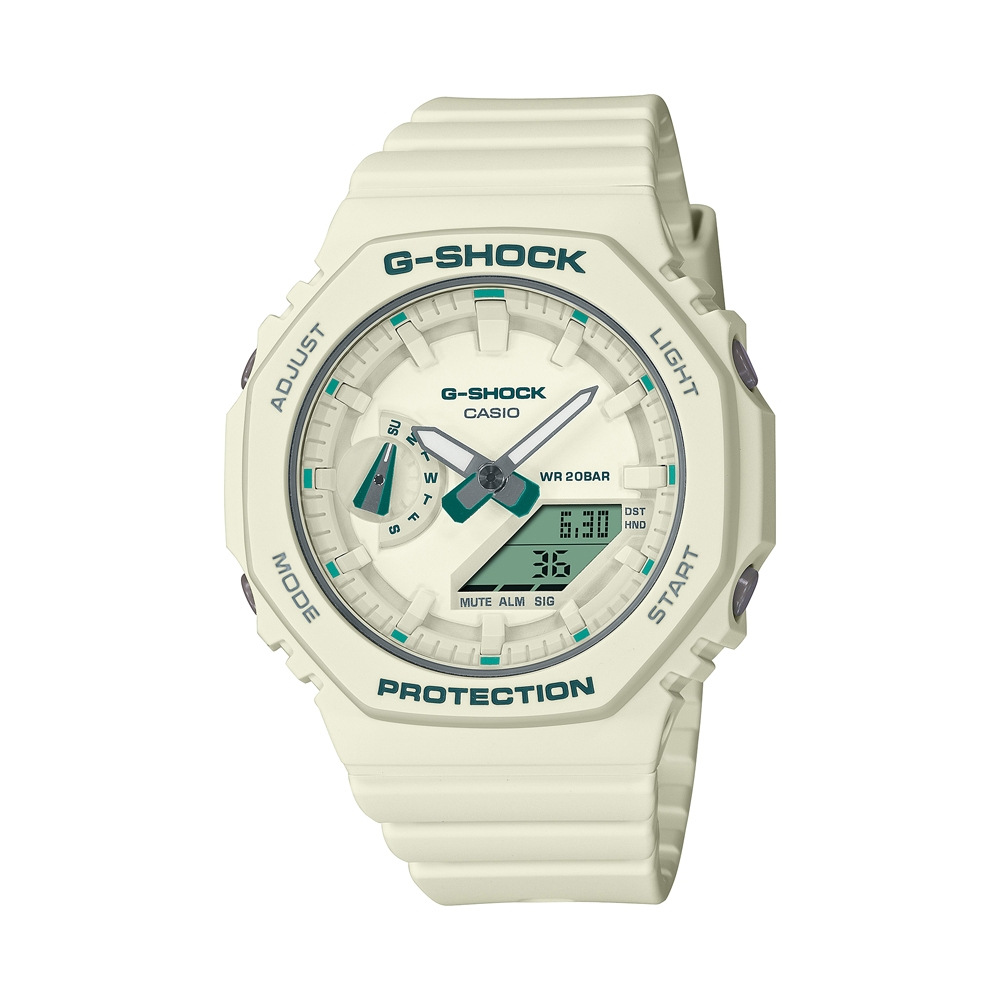 CASIO卡西歐 G-SHOCK 簡約輕薄 現代綠時尚 百搭米白 八角形錶殼 GMA-S2100GA-7A_42.9mm