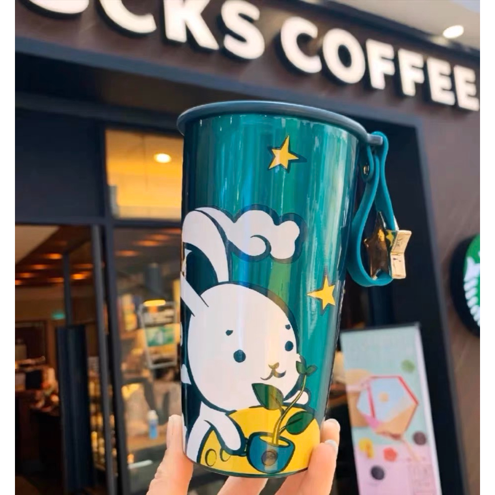 Starbucks官方正品！星巴克杯子中秋玉兔杯墨綠色月兔不銹鋼保溫杯拎繩防漏隨行杯果汁珍奶茶奶昔茶水咖啡杯355ml