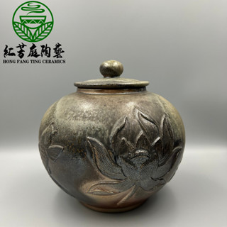 紅芳庭【臺灣作家 柴燒甕】順欽 手工雕刻 手拉壞 魚戲 雅蓮 臺灣柴燒 手工茶倉 茶葉罐 茶具 無釉裸燒
