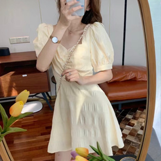 [Plmm_room] 韓版 氣質 小公主風 黃色 洋裝 露背 連身裙 裙子 蓬蓬袖