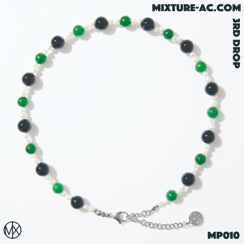 MIXTURE "MP010" 黑/綠瑪瑙石+4MM小型巴洛克珍珠項鍊